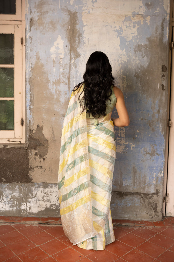 Organza Green And Yellow Checks Saree