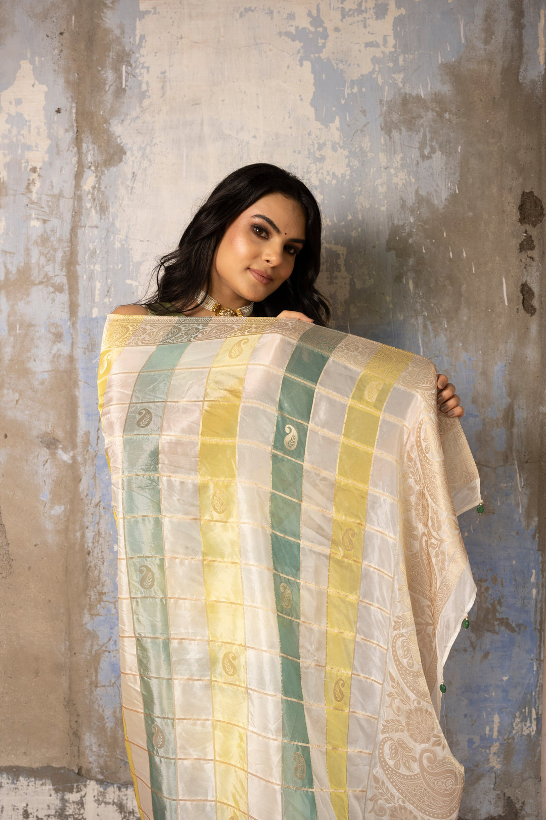 Organza Green And Yellow Checks Saree