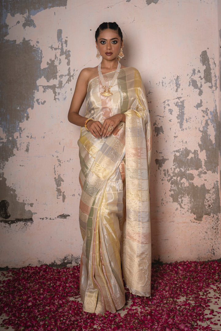 Organza Tissue Checks Saree with Color Weft, Motif, and Tassels