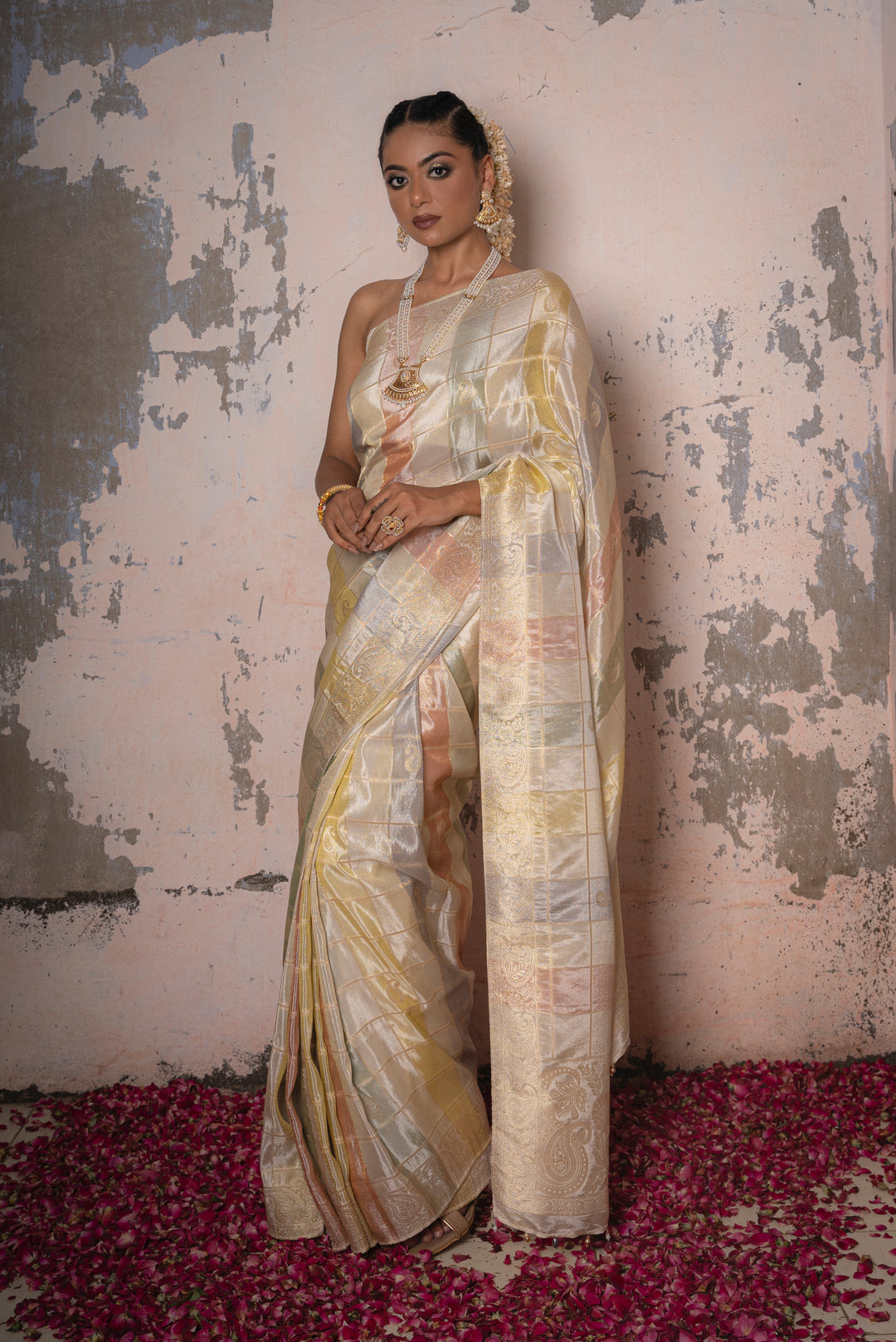 Organza Tissue Checks Saree with Color Weft, Motif, and Tassels