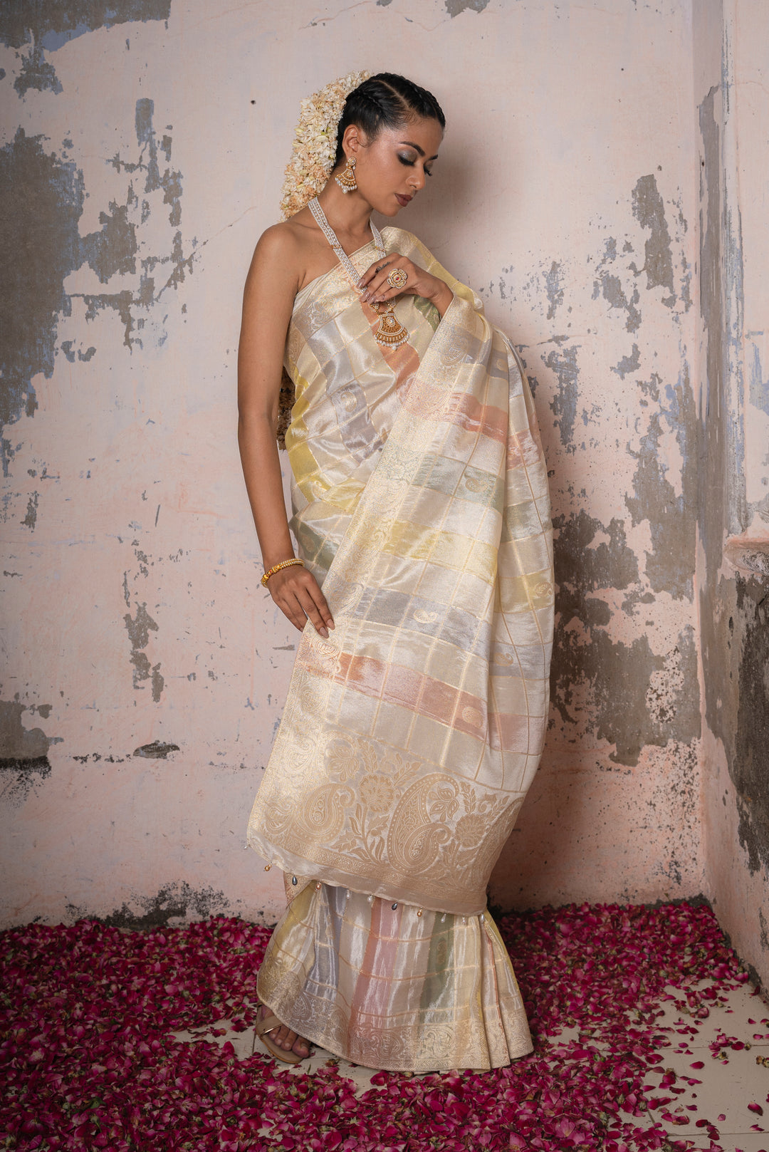 Organza Tissue Checks Saree with Color Weft, Motif, and Tassels