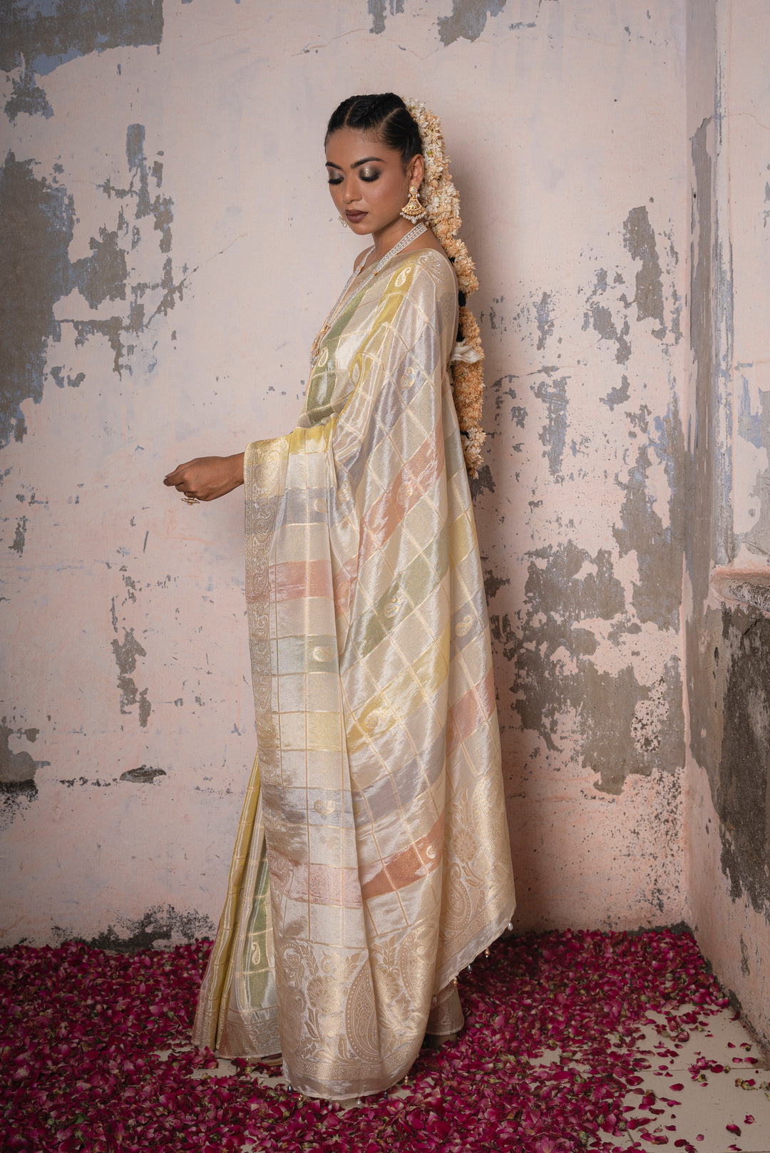 Organza Tissue Checks Saree with Color Weft, Motif, and Tassels