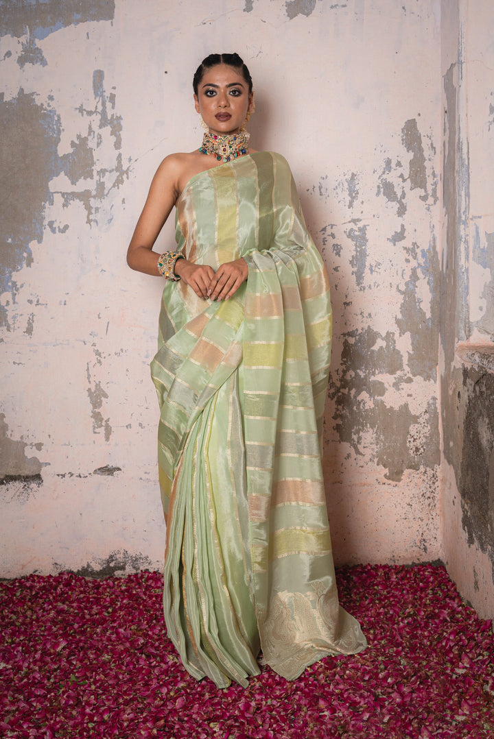 Vibrant Green Rangoli Patta Tissue Silk Saree