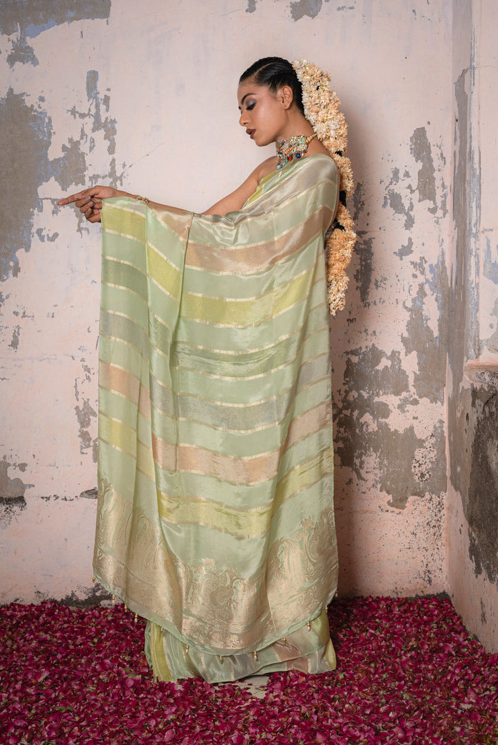 Vibrant Green Rangoli Patta Tissue Silk Saree