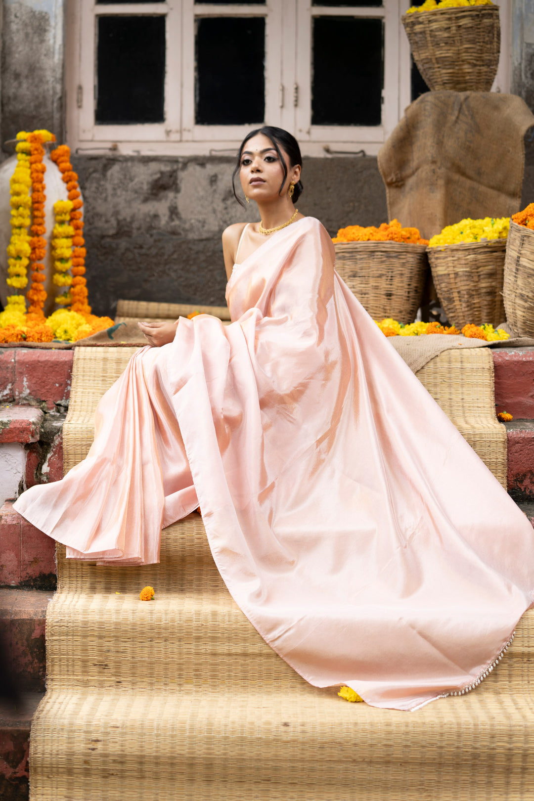 Sophisticated Red Plain Tissue Silk Saree