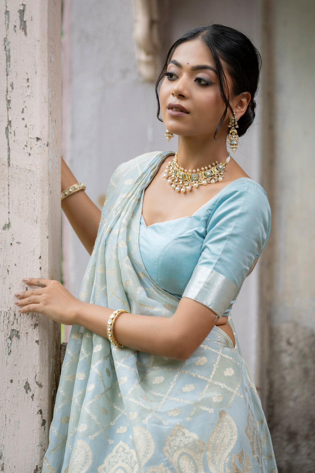 Classic Checks Sky Blue Jacquard Tabi Saree