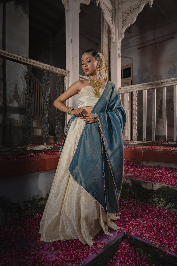 Chic Tissue Weaving Crush Chaniya Choli Fabric with Buttis and Vibrant Navy Blue Dupatta with Moti Border