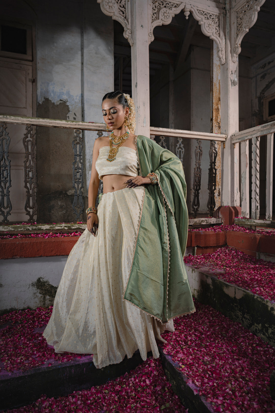 Chic Tissue Weaving Crush Chaniya Choli Fabric with Buttis and Vibrant Green Dupatta with Moti Border