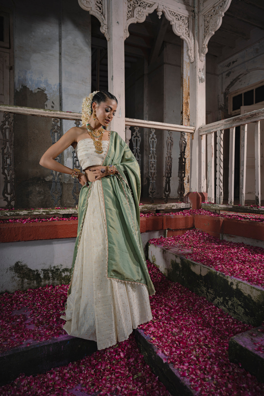 Chic Tissue Weaving Crush Chaniya Choli Fabric with Buttis and Vibrant Green Dupatta with Moti Border