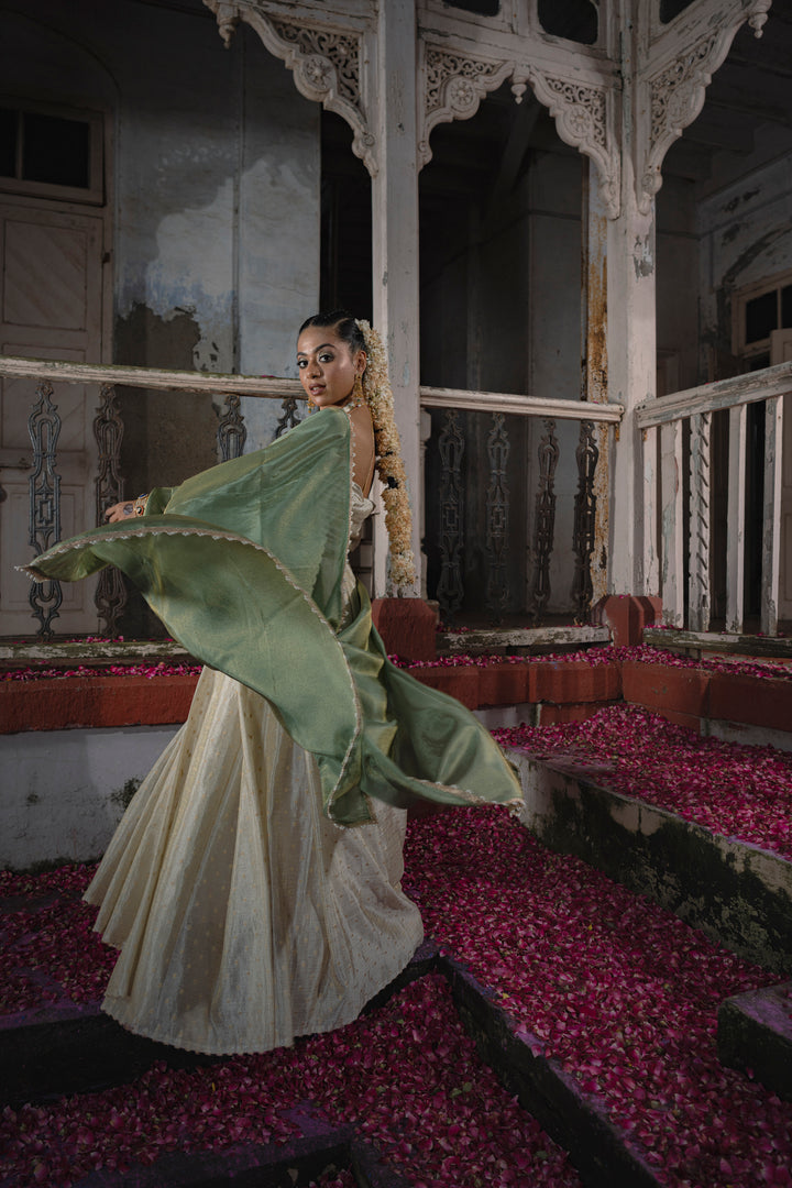 Chic Tissue Weaving Crush Chaniya Choli Fabric with Buttis and Vibrant Green Dupatta with Moti Border