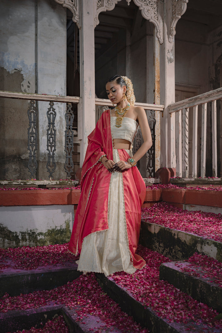 Chic Tissue Weaving Crush Chaniya Choli Fabric with Buttis and Vibrant Rani Dupatta with Moti Border