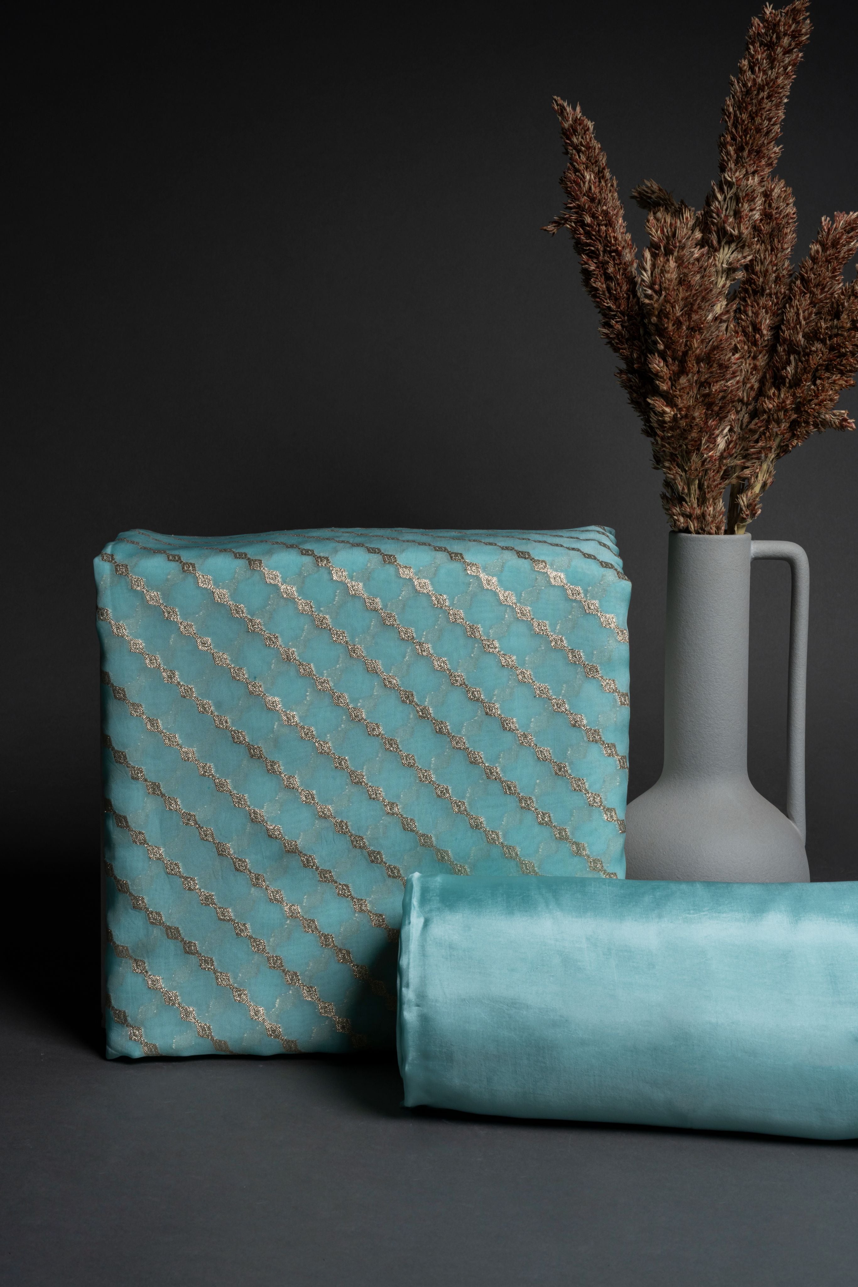 Elegant Sky Blue Lehrya with Jari Threads Two-Piece Suit with Crape Bo ...